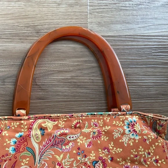 Talbots orange paisley print cotton purse with tortoise-colored plastic Handle - Picture 2 of 6